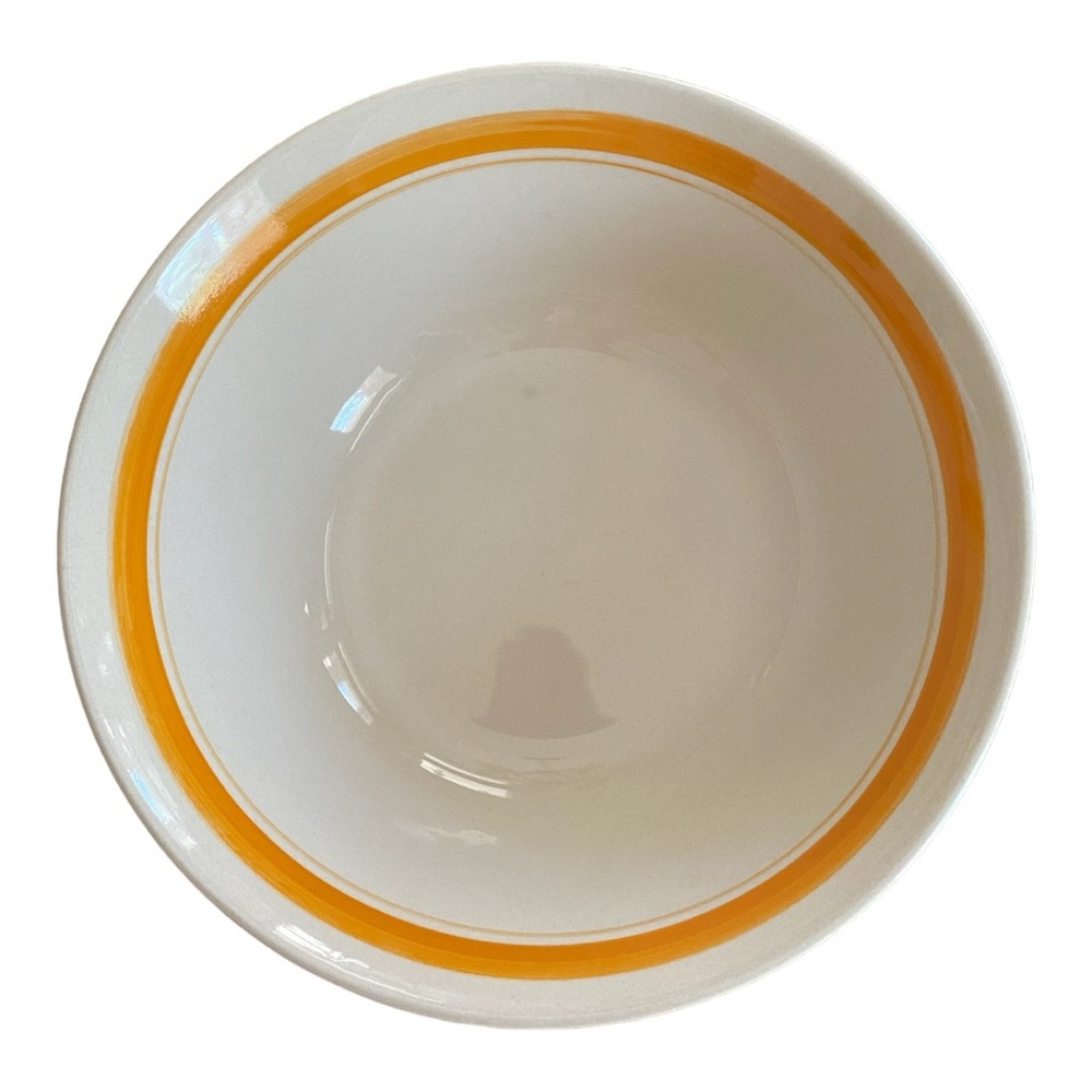 Vintage Stoneware Serving Bowl Cream with Orange Stripes Mid Century Boho